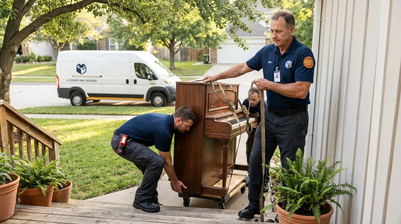 Licensed piano movers securing grand piano in Mount Joy, PA